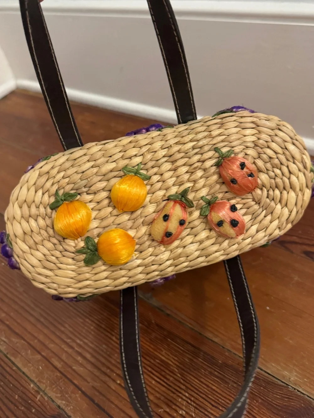 Rafe New York Vintage Straw Braided Basket Bag w/ Embroidered Fruit Square